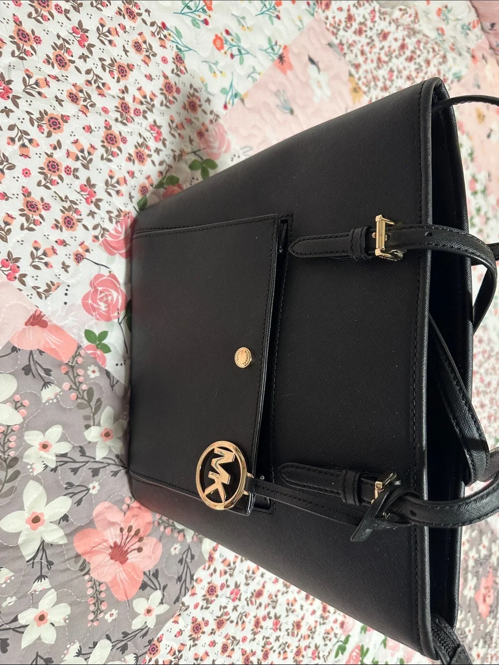 Michael Kors Black Saffiano Tote with Gold MK Accent